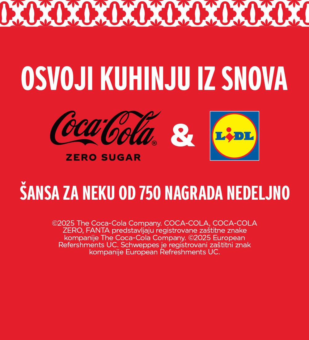 Crveni poster sa logotipima Coca-Cole i Lidla, reklamira nagradnu igru za kuhinju iz snova.