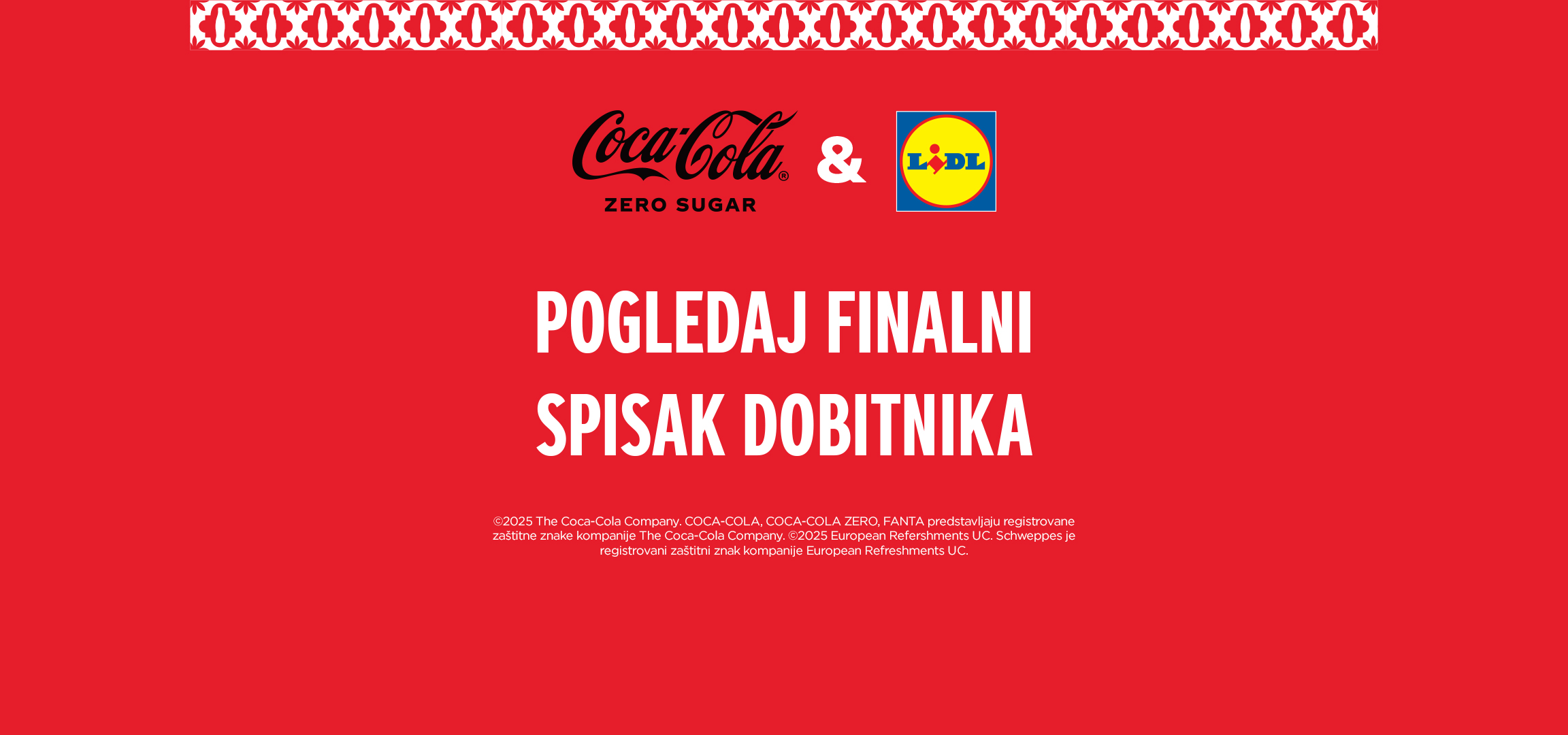 Coca-Cola Zero i Lidl logo na crvenoj pozadini sa tekstom „POGLEDAJ FINALNI SPISAK DOBITNIKA“.