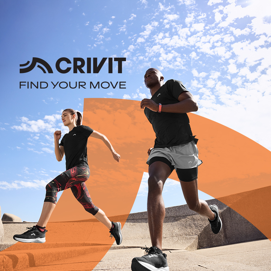 Dvoje ljudi trči u sportskoj odeći i patikama, sa natpisom 'FIND YOUR MOVE'.