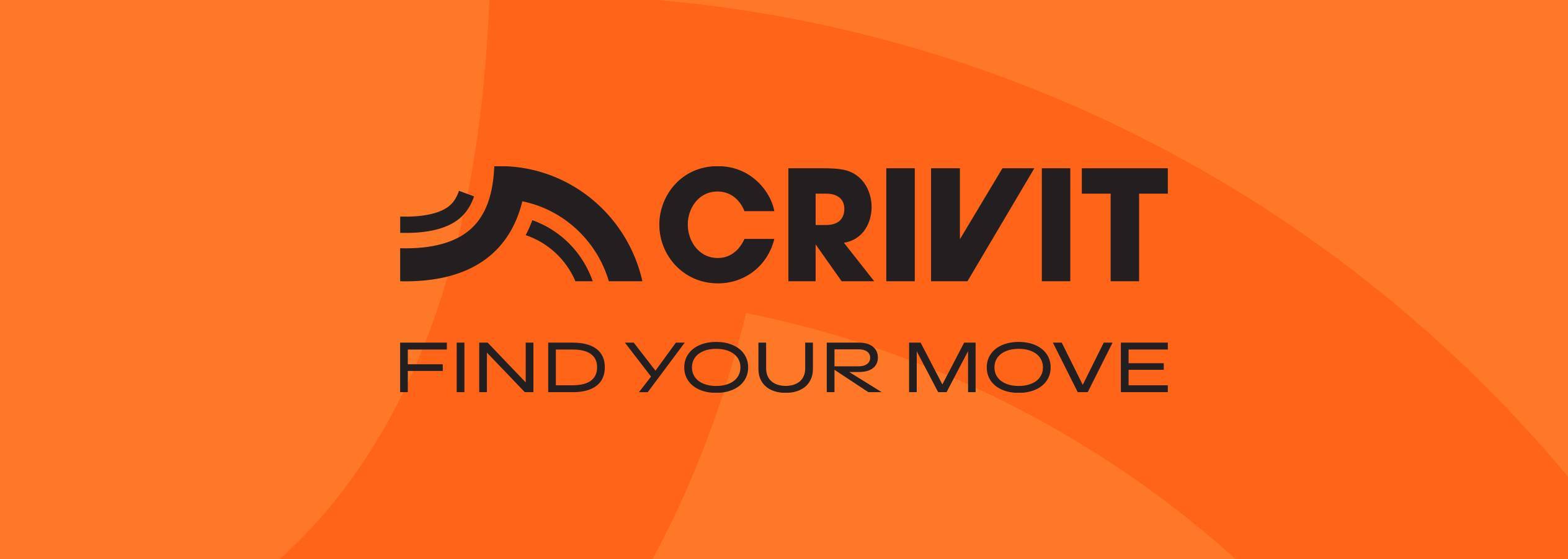 Crivit logo sa sloganom „FIND YOUR MOVE“ na narandžastoj pozadini.
