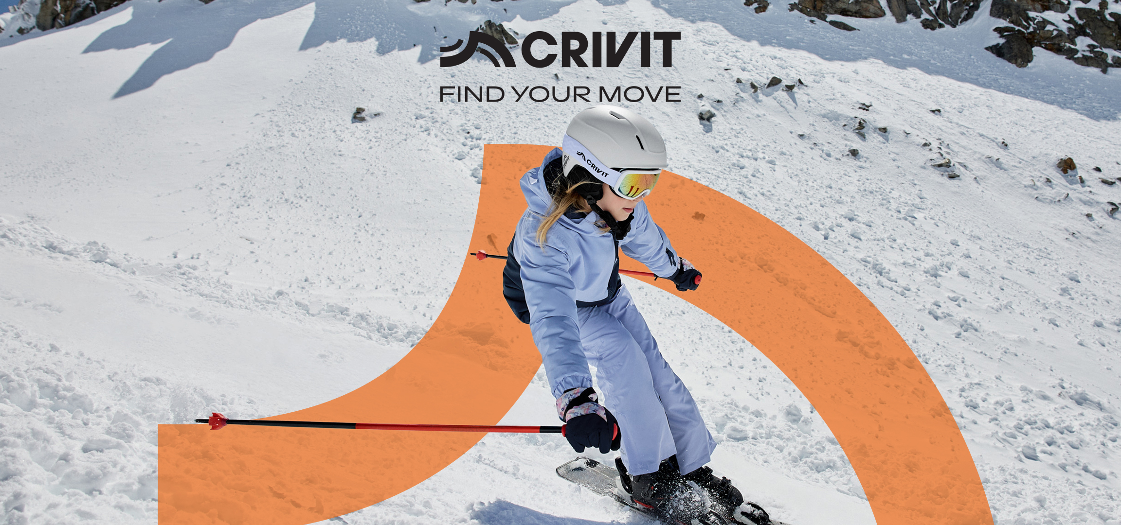 Crivit logo, devojka skija u beloj ski opremi na snežnoj padini