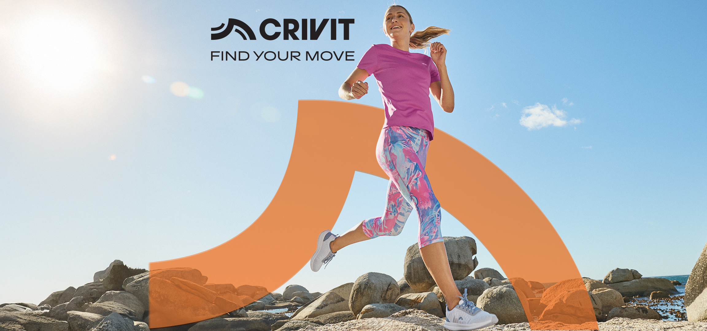 Žena trči po stenama, muškarac drži medicinsku loptu, peškiri za vežbanje. Tekst: FIND YOUR MOVE.