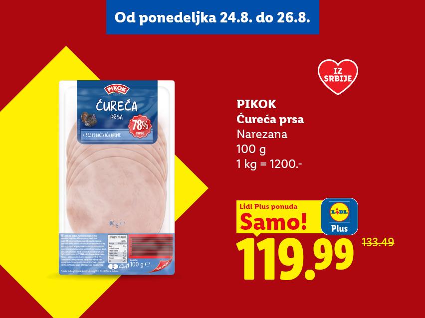 Pakovanje narezanih ćurećih prsa sa 78% mesa, sniženo na 119.99 dinara.
