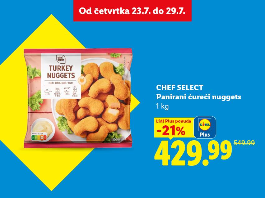 Pakovanje paniranih ćurećih nageta, sa cenom od 429.99 dinara i popustom od 21%.