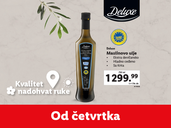 Deluxe maslinovo ulje, ekstra devičansko, hladno ceđeno sa Krita, 750ml, 1299,99 din.