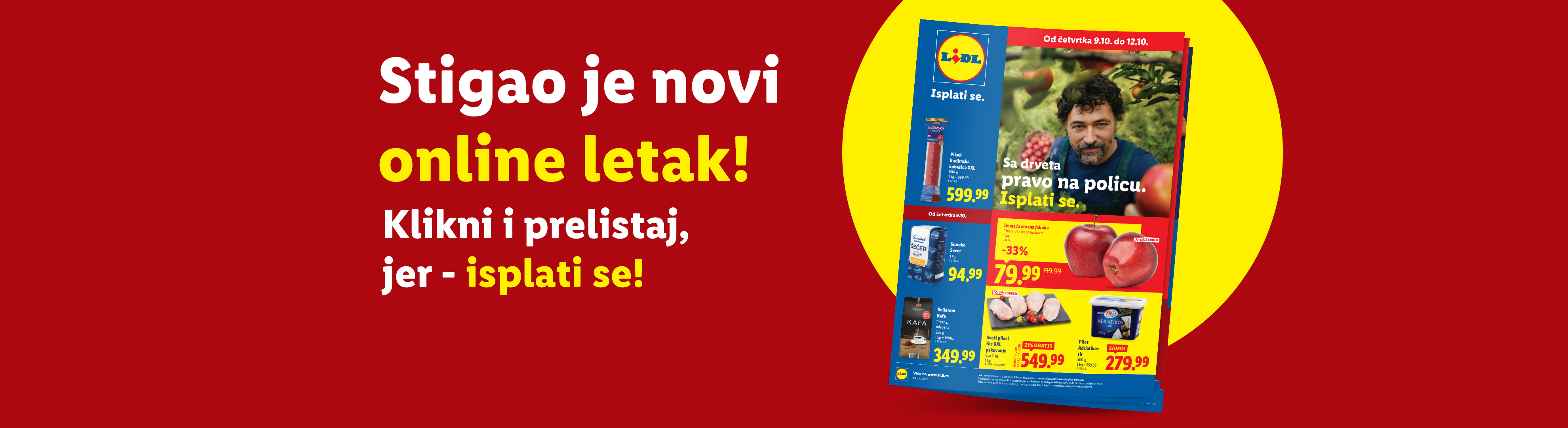 Lidl letak sa ponudama za kobasicu, šećer, kafu, jabuke, pileći file i sir, uz poruku 'Stigao je novi online letak! Klikni i prelistaj, jer - isplati se!'