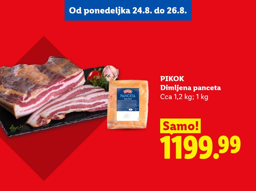 Dimljena pančeta u pakovanju i narezana, sa cenom i datumom važenja ponude.
