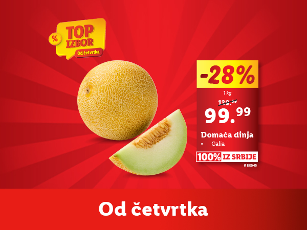 Domaća dinja Galia -28%, 99.99 dinara/kg. Akcija traje od četvrtka.