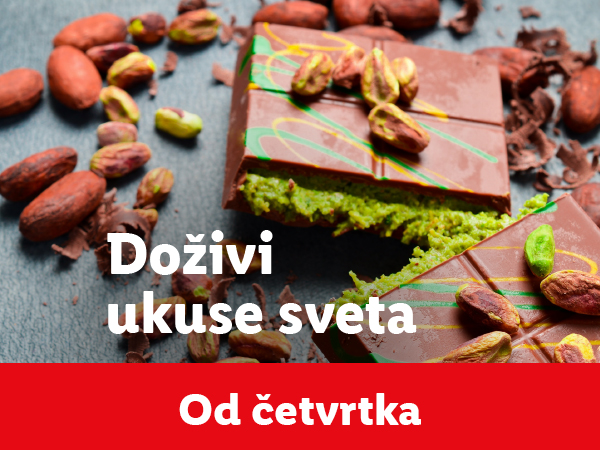 Čokolada sa pistaćima i zrnima kakaa, sa tekstom „Doživi ukuse sveta“ i „Od četvrtka“.