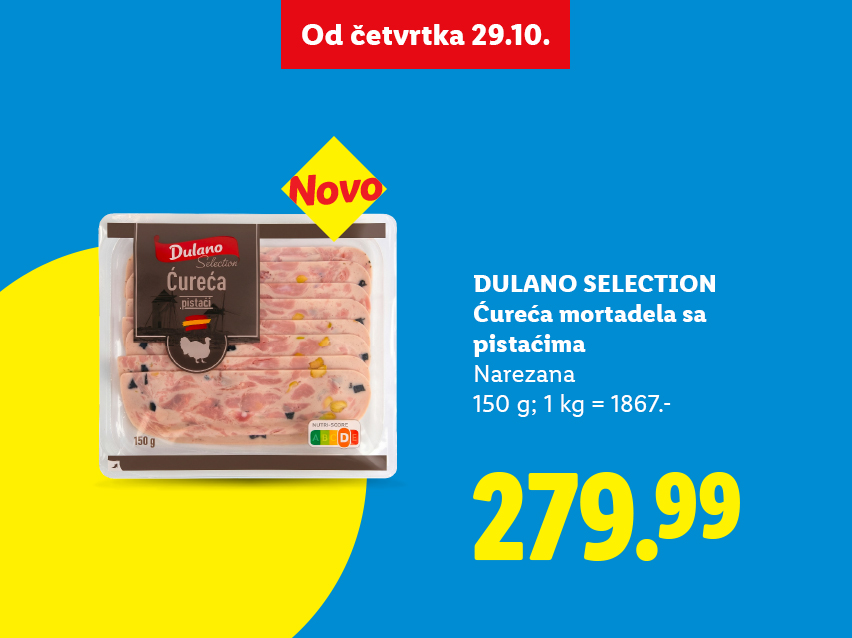 Dulano Selection Ćureća mortadela sa pistaćima i pakovanje sa cenom 279.99 dinara za 150 g