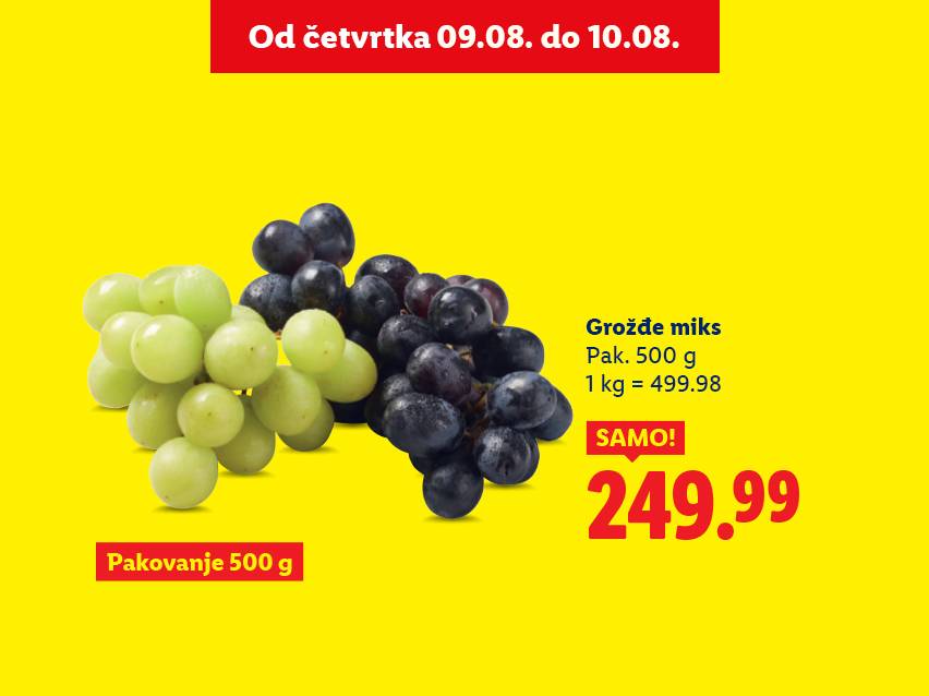 Reklama za mešano grožđe u pakovanju od 500g, sa cenom od 249.99.