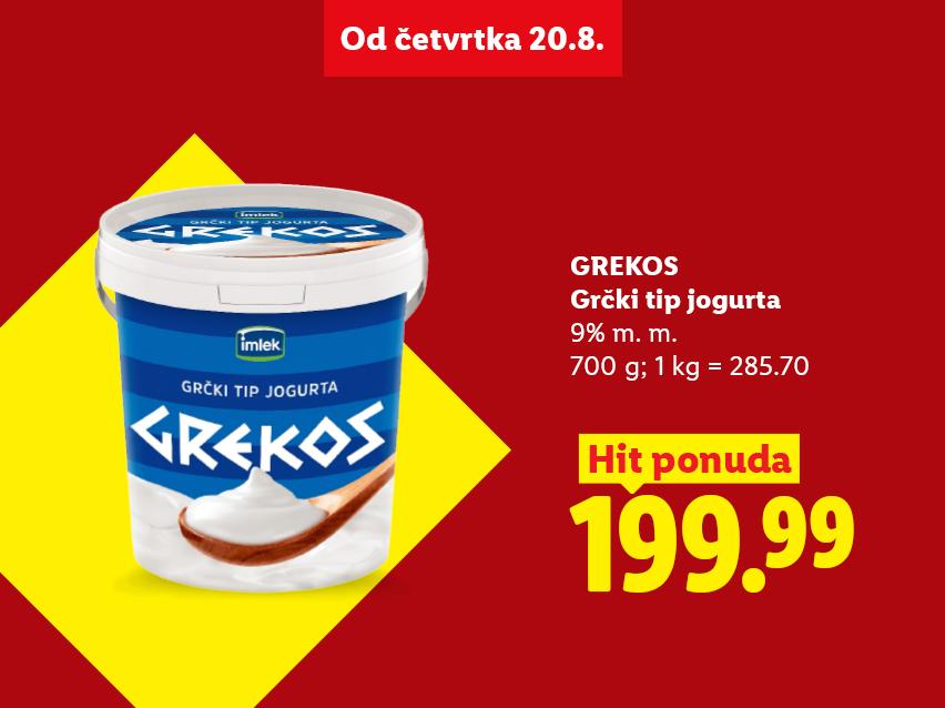 Reklama za grčki tip jogurta od 700g sa 9% mlečne masti, cena 199.99.