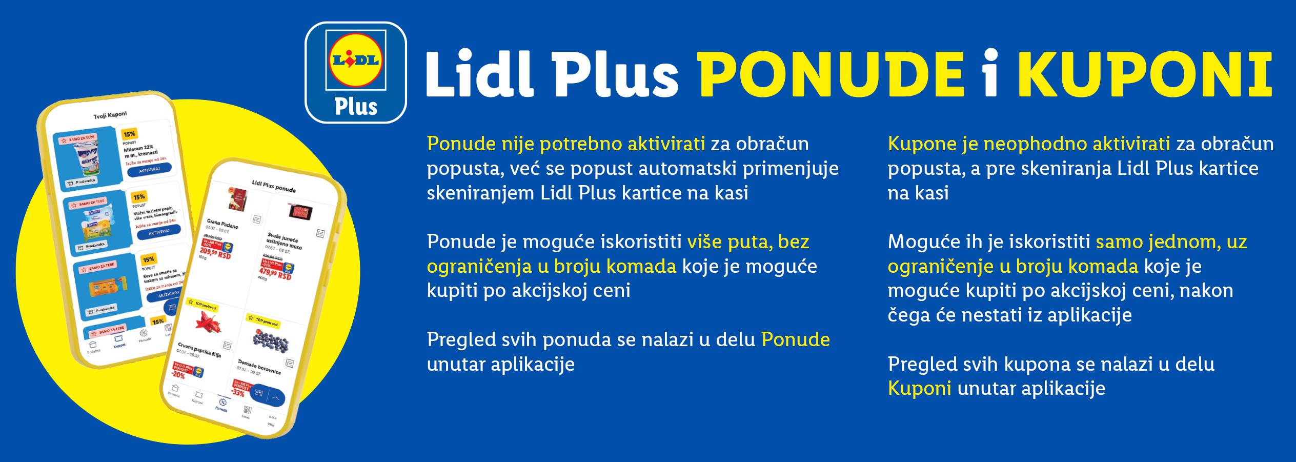 Lidl Plus ponude i kuponi prikazani na ekranima mobilnih telefona.