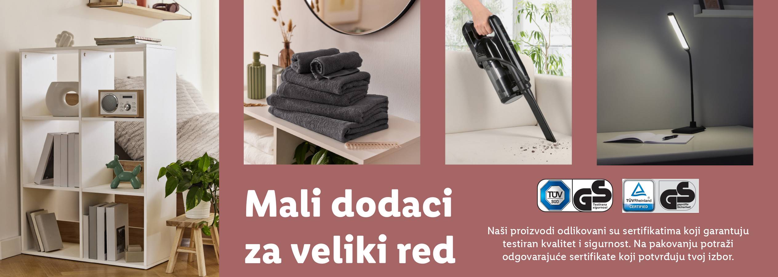 Različiti proizvodi za dom, uključujući police, peškire, usisivač i lampu, sa sertifikatima kvaliteta.