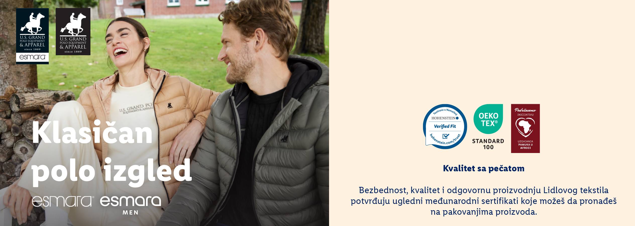 Muškarac i žena u jesenjoj odeći, sa logotipima U.S. Grand Polo Equipment & Apparel i Esmara.