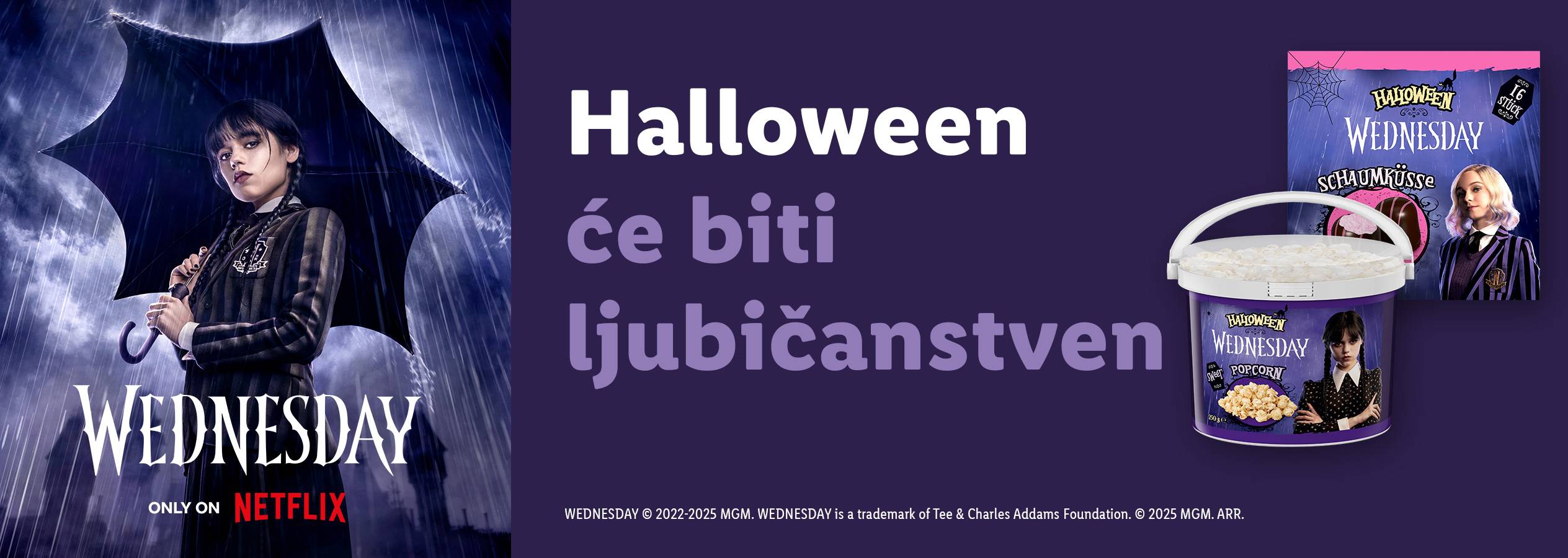 Reklama za Noć veštica sa temom Srede, prikazuje kokice i penaste poljupce.