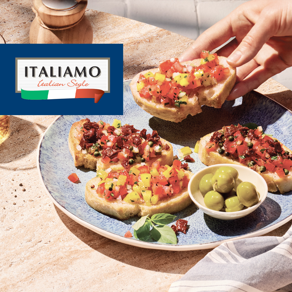 Bruskete sa paradajzom i maslinama, sa natpisom 'Italian Italian Style'.