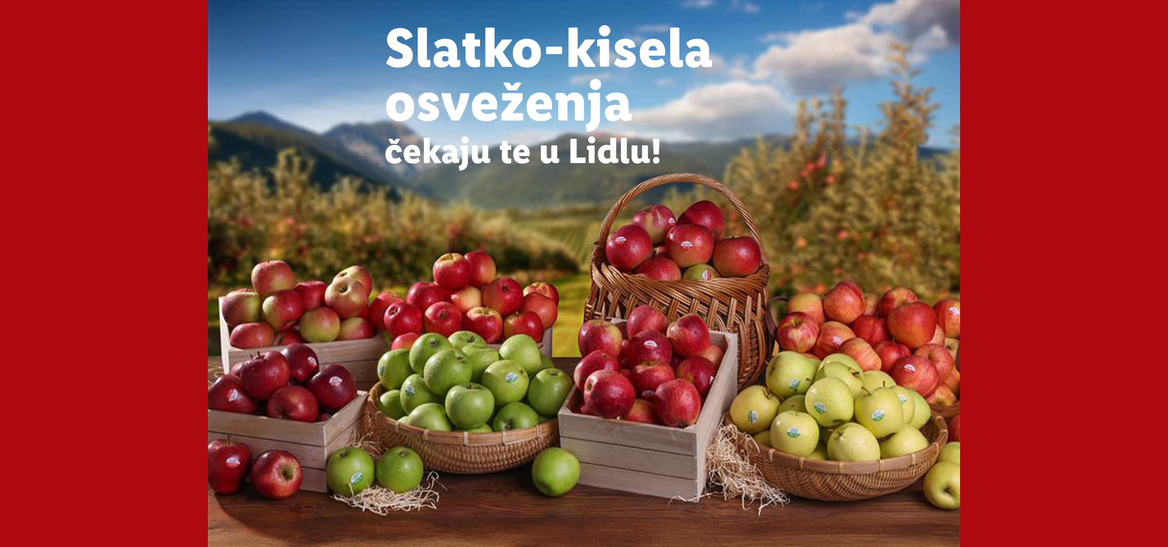 Slatko-kisela osveženja čekaju te u Lidlu! Prikazane su crvene, zelene i žute jabuke u korpama i gajbicama.