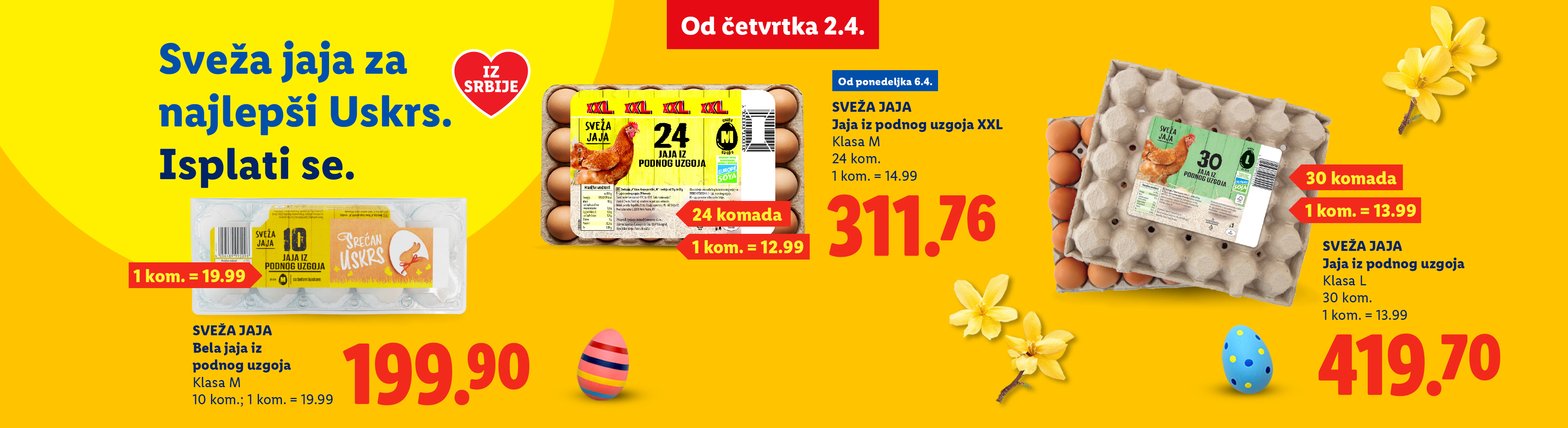 Ponuda svežih jaja za Uskrs, uključujući bela jaja i jaja iz podnog uzgoja u pakovanjima od 10, 24 i 30 komada.