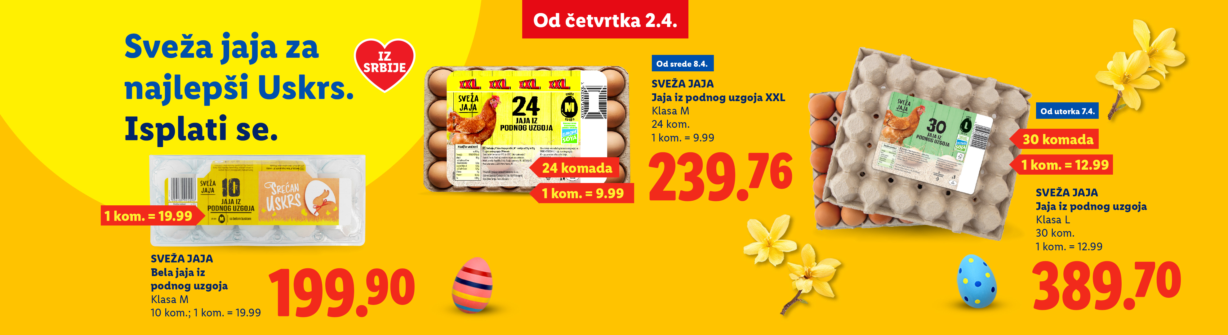 Reklama za sveža jaja za Uskrs, sa cenama za pakovanja od 10, 24 i 30 komada.