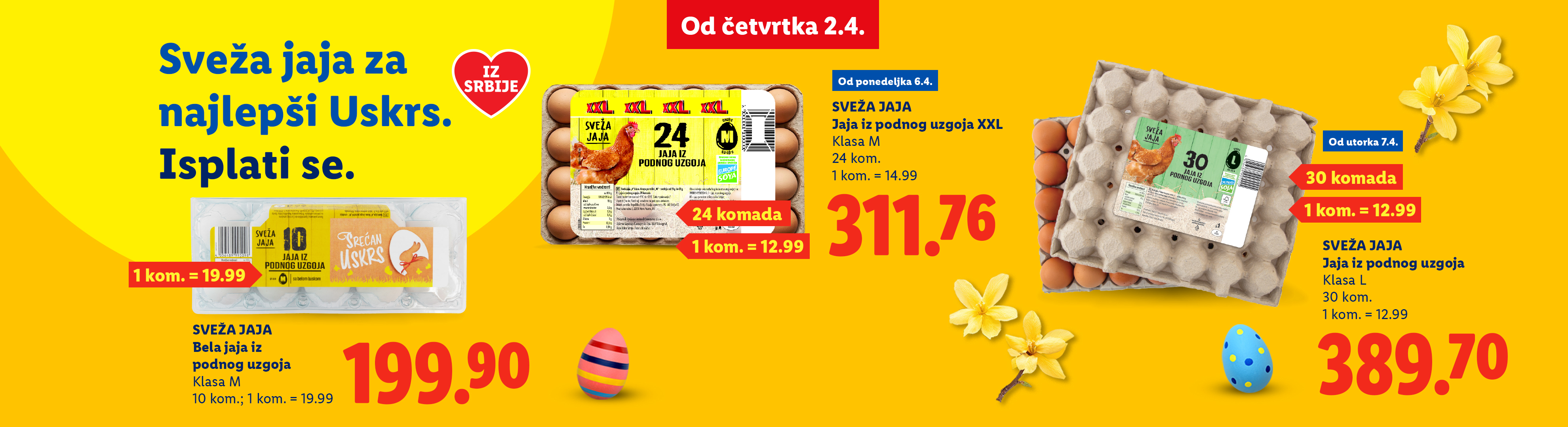 Uskršnja ponuda jaja: bela jaja, XXL jaja i jaja klase L, sa cenama i brojem komada.