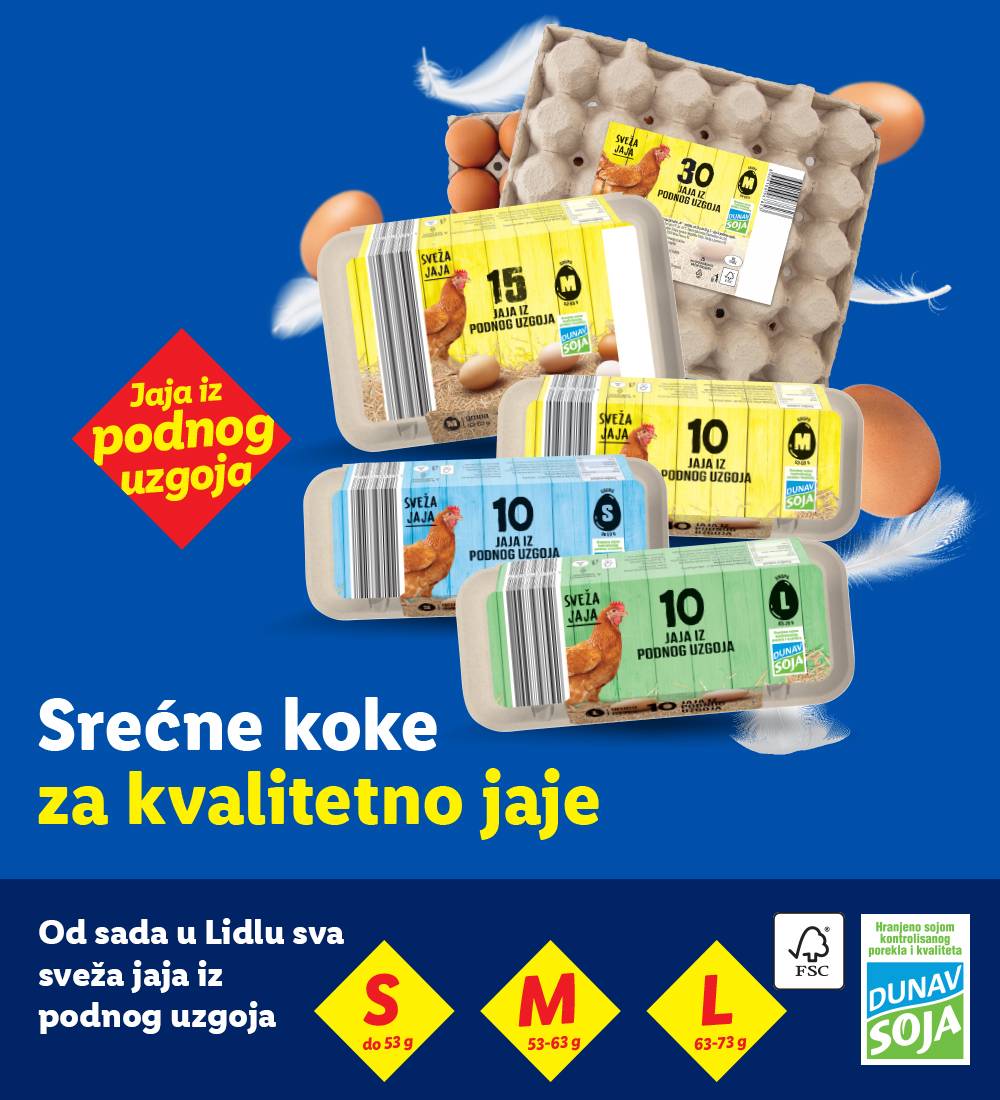 Dunav Soja jaja iz podnog uzgoja u Lidlu, različitih veličina (S, M, L).