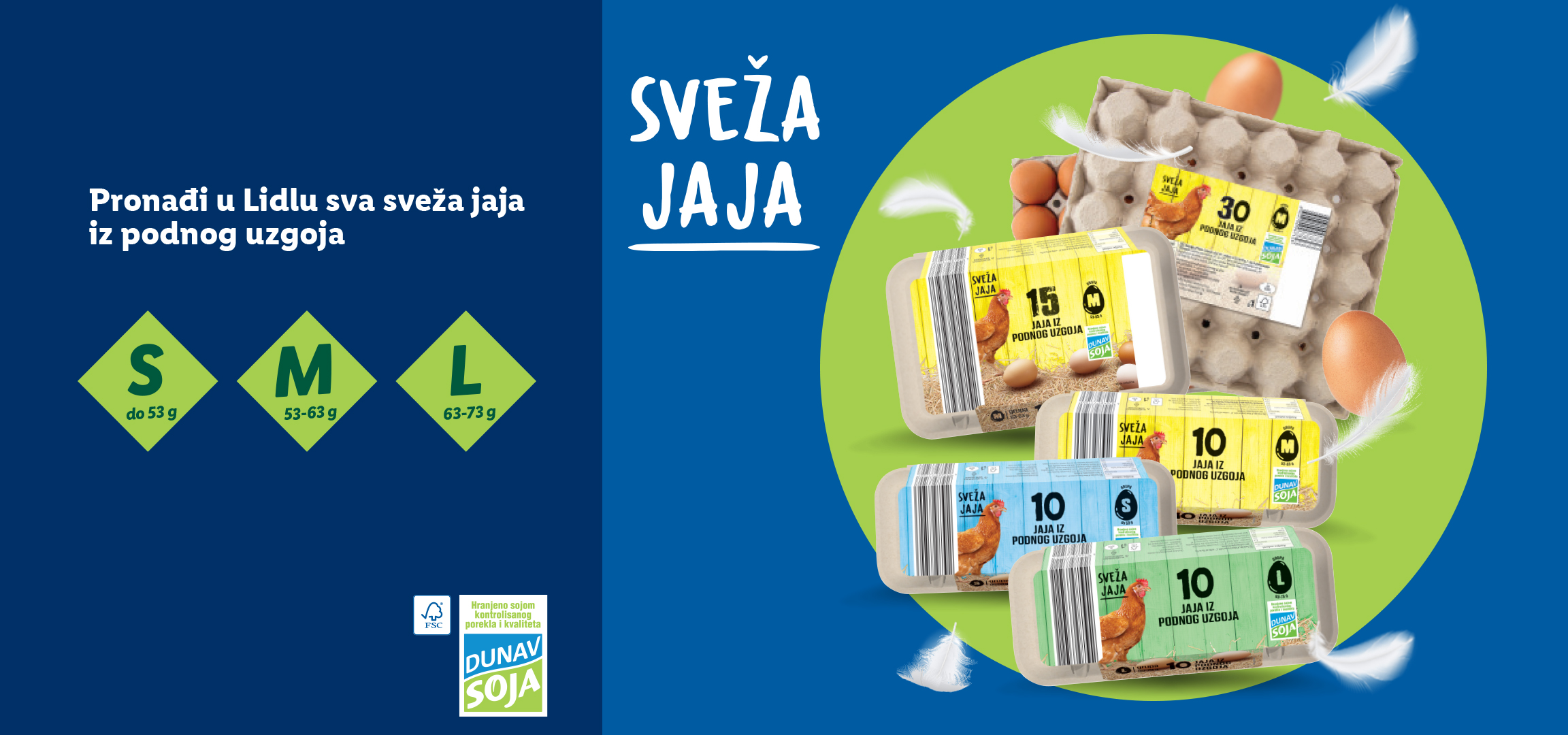 Sveža jaja iz podnog uzgoja u pakovanjima od 10, 15 i 30 komada, dostupna u S, M i L veličinama.