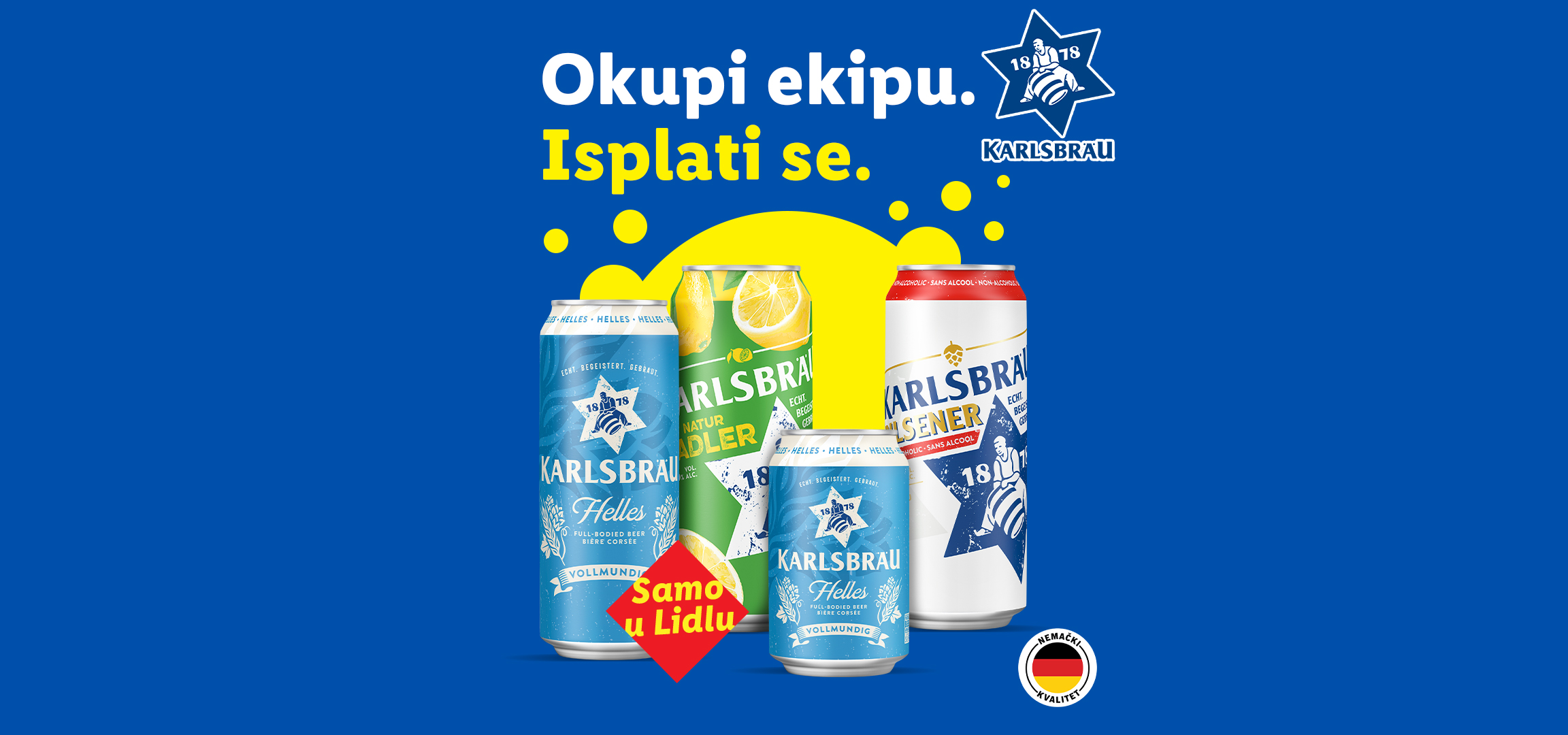 Karlsbrau pivo i radler u limenkama, sa natpisom „Samo u Lidlu“ i „Nemački kvalitet“.