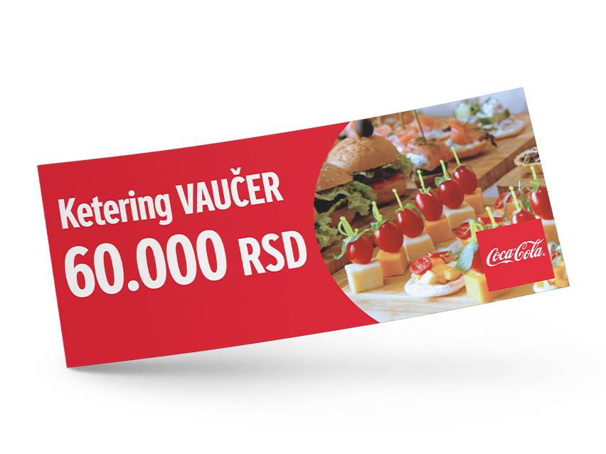 Ketering vaučer od 60.000 RSD sa slikom hrane i Coca-Cola logom.