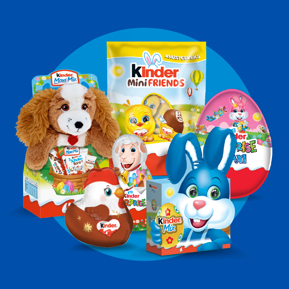 Uskršnji slatkiši sa plišanim psom, zecom, piletom i jagnjetom, uključujući Kinder Mini Friends i Kinder Surprise Maxi.
