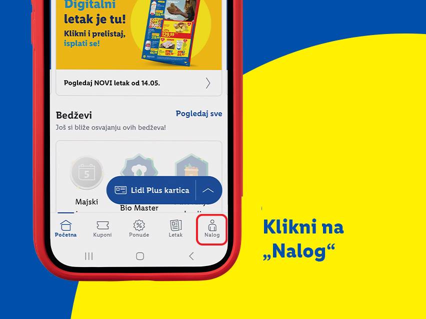 Snimak ekrana mobilne aplikacije sa istaknutim dugmetom 'Nalog' i ponudama proizvoda.