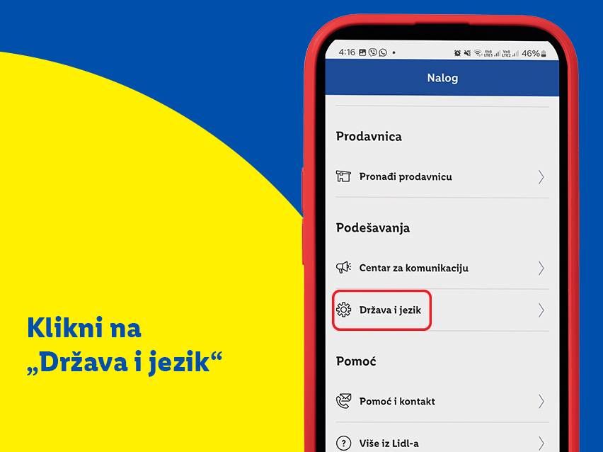 Snimak ekrana mobilne aplikacije sa istaknutom opcijom „Država i jezik“.