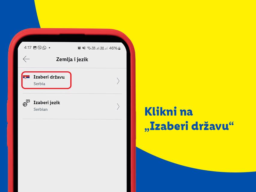 Snimak ekrana telefona koji prikazuje opcije za odabir zemlje i jezika, sa istaknutom opcijom „Izaberi državu“.