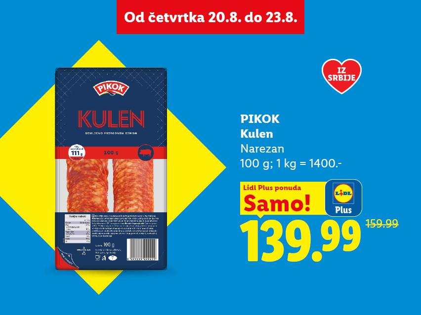 Pakovanje narezanog kulena na akciji, sa istaknutom cenom i informacijama o ponudi.