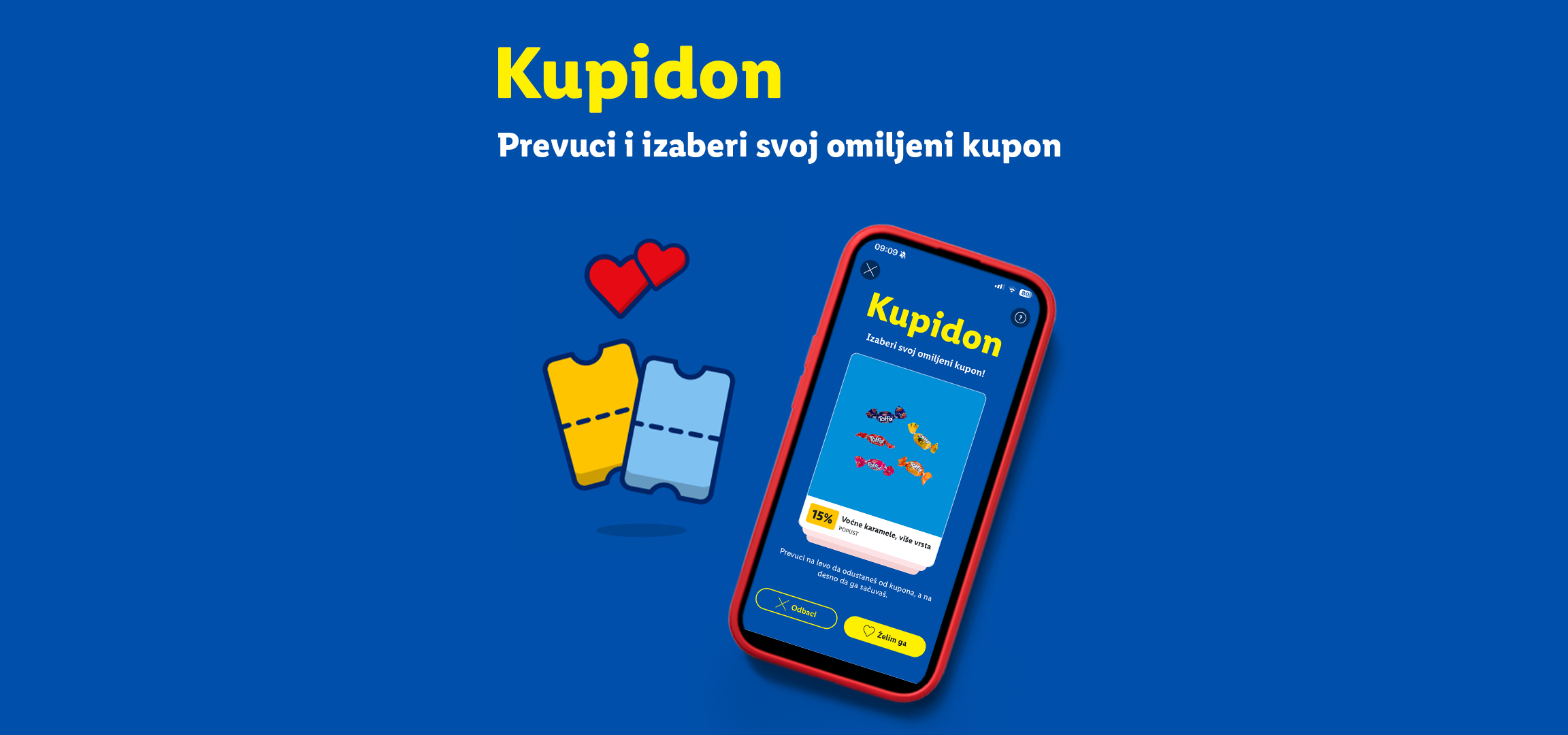 Mobilna aplikacija Kupidon sa kuponima za popust na voćne karamele, uz ilustraciju srca i kupona.