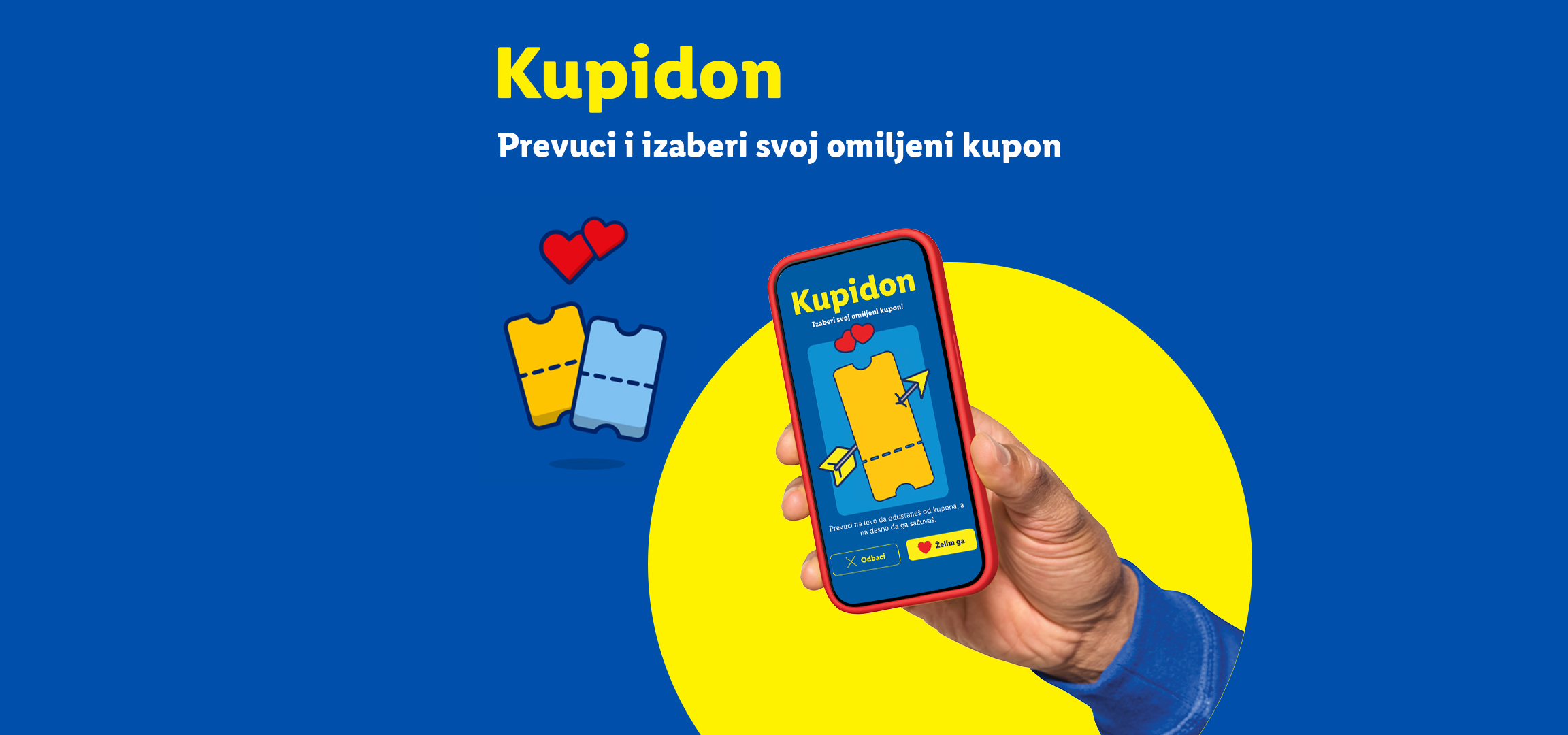 Mobilna aplikacija Kupidon sa kuponima i srcima na plavoj pozadini.