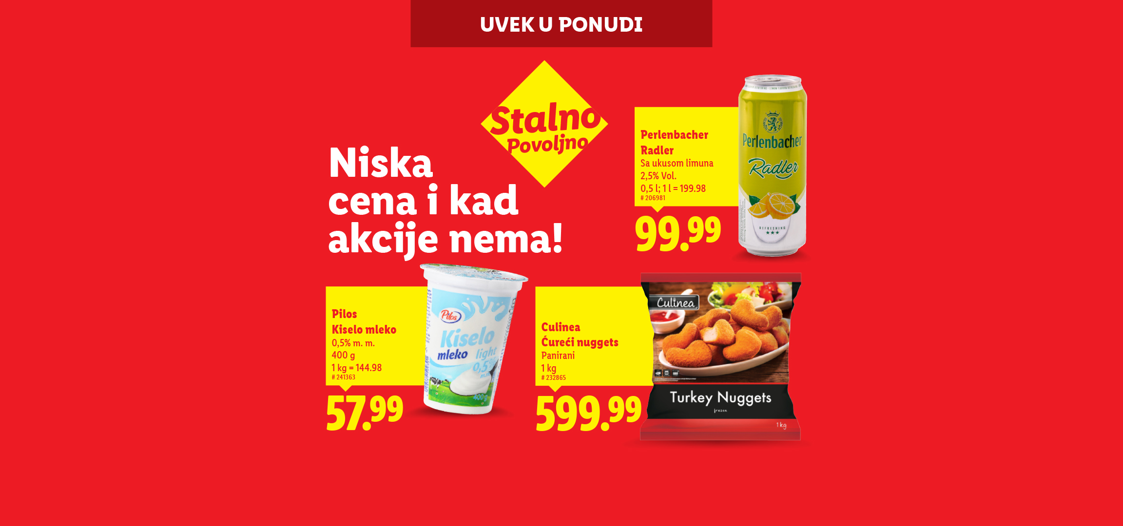 Akcija u supermarketu: Pilos kiselo mleko, Culinea ćureći nuggeti i Perlenbacher Radler po niskim cenama.