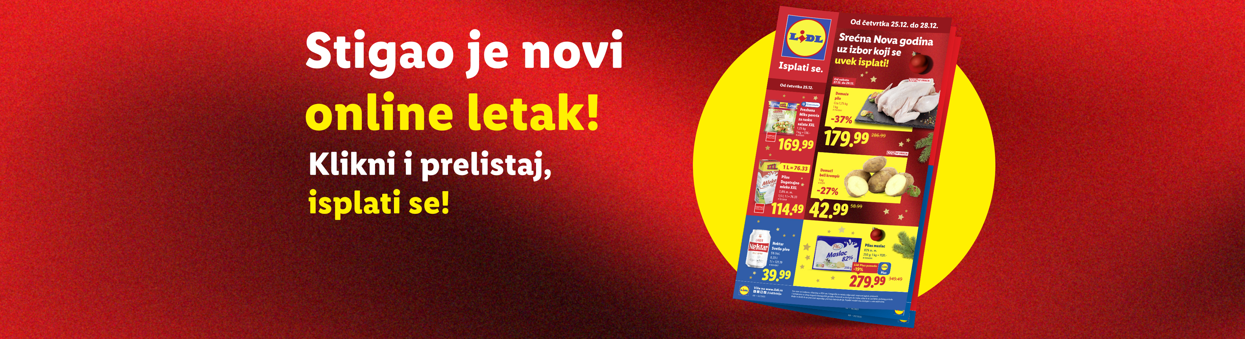 Lidl letak sa ponudama za Novu godinu, uključujući piletinu, krompir, mleko i pivo.