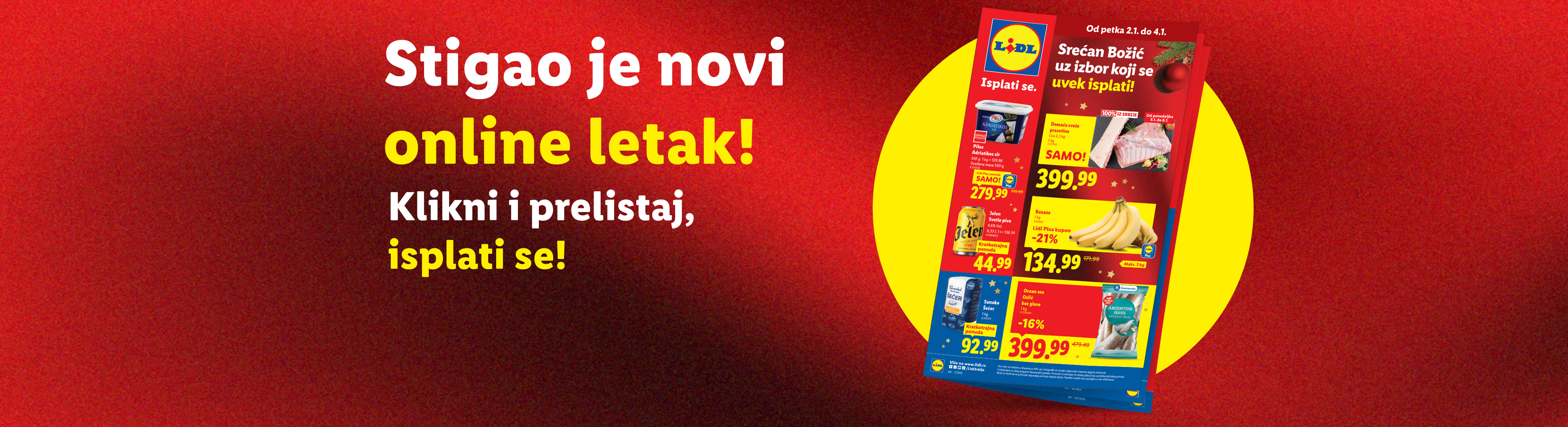 Lidl letak sa ponudama za Božić, uključujući sveže meso, banane, pivo i sir.