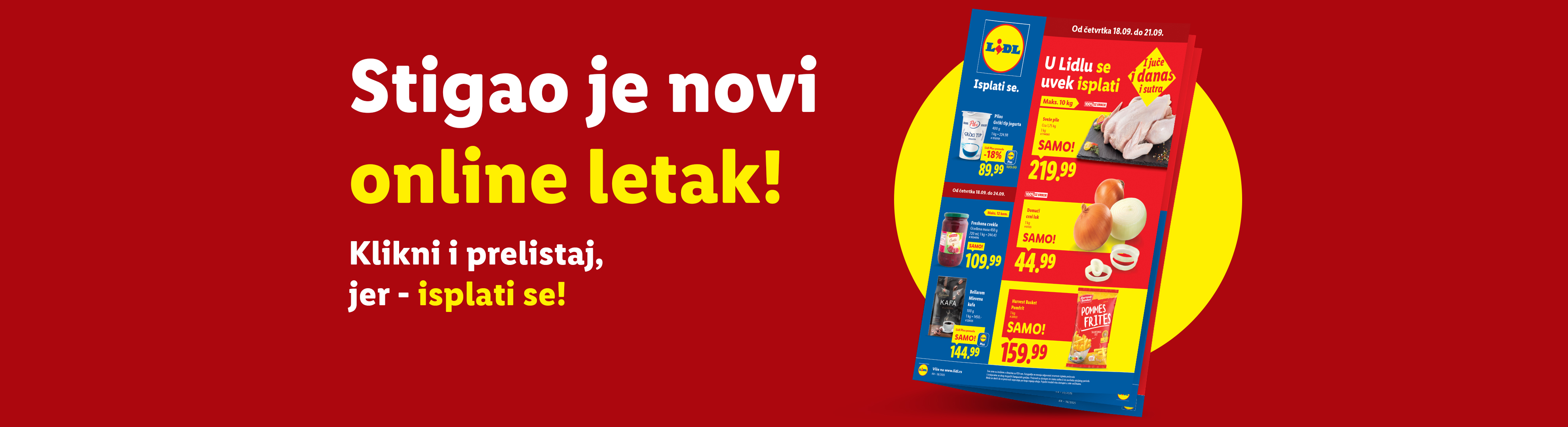 Lidl letak sa ponudama za piletinu, jogurt, cveklu, luk, kafu i pomfrit.