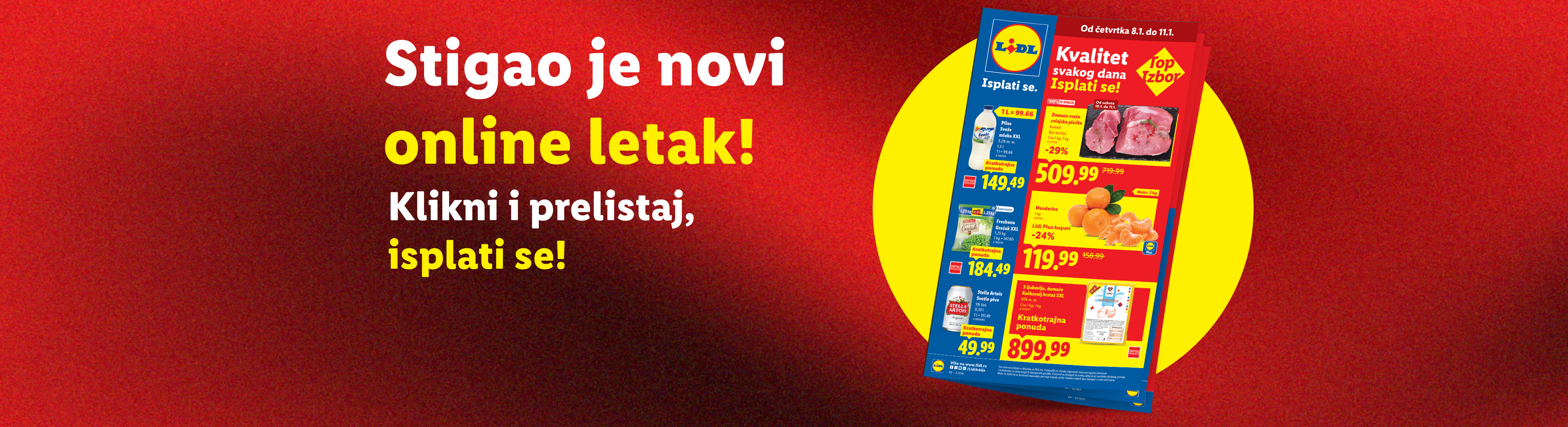 Lidl online letak sa ponudama za mleko, meso, mandarine i pivo.