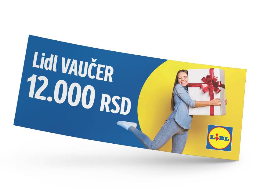Lidl vaučer od 12.000 RSD sa nasmejanom ženom koja drži poklon.