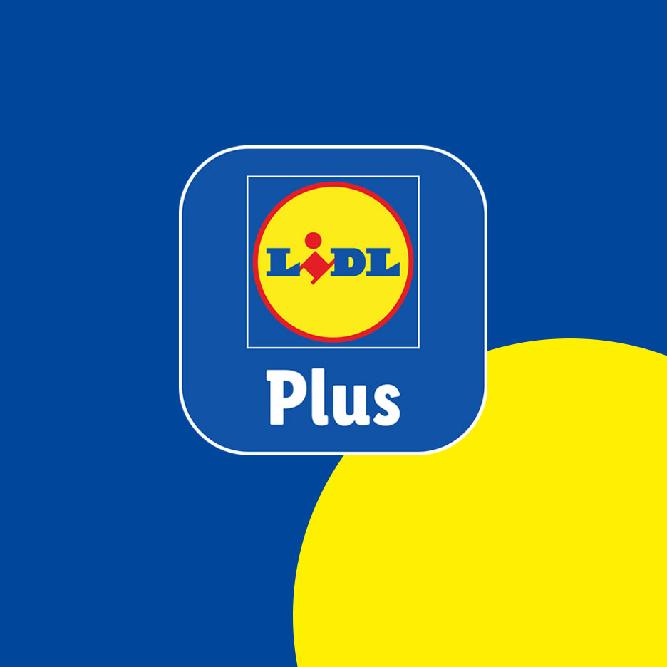 Lidl Plus logo na plavoj pozadini sa žutim krugovima.