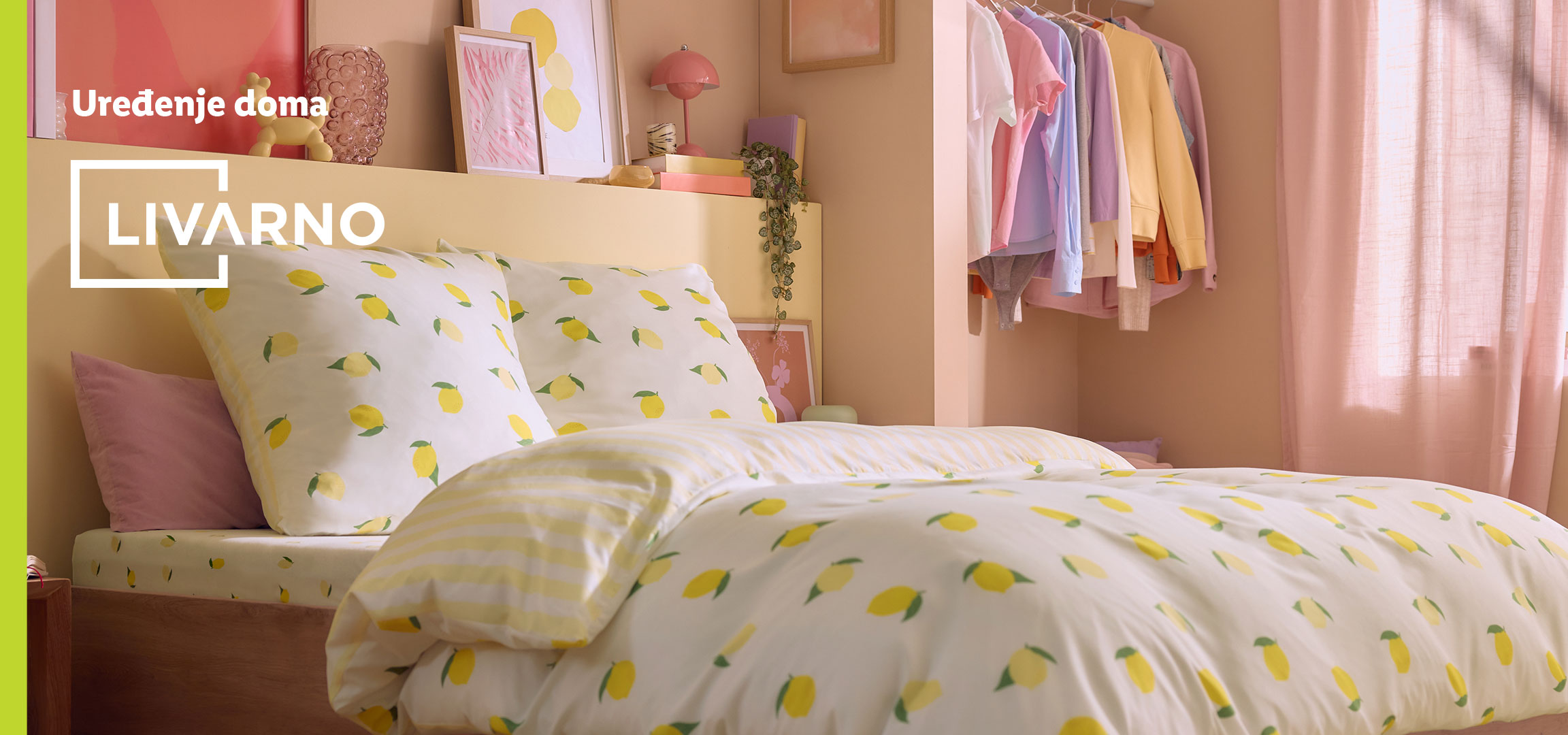 Posteljina sa dezenom limuna i prugama u spavaćoj sobi. Tekst: Uređenje doma.