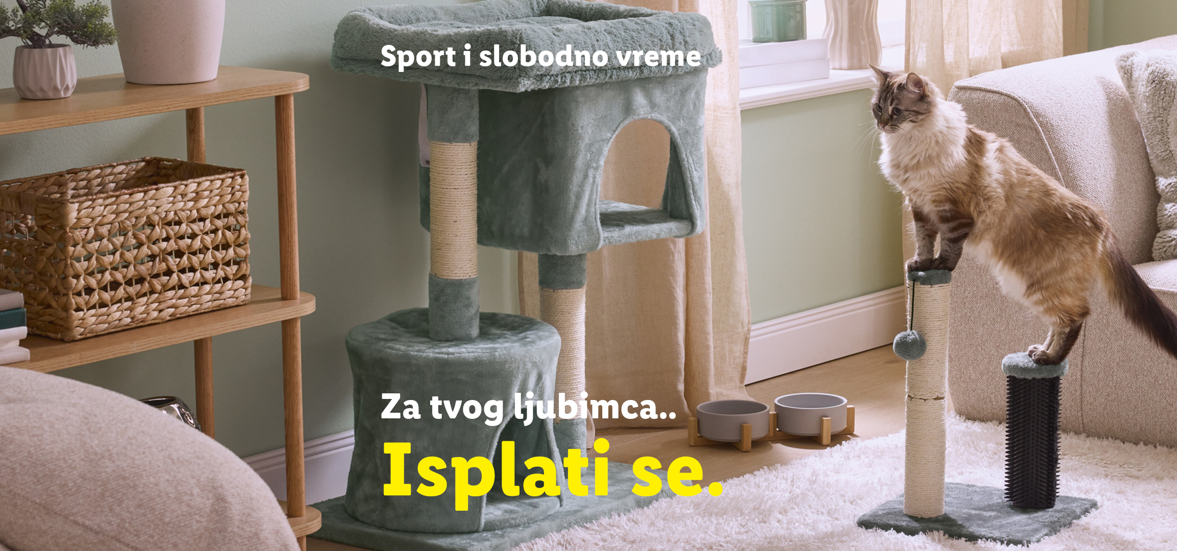 Igračke za kućne ljubimce, povodac i grebalica za mačke sa tekstom „Sport i slobodno vreme. Za tvog ljubimca. Isplati se.“