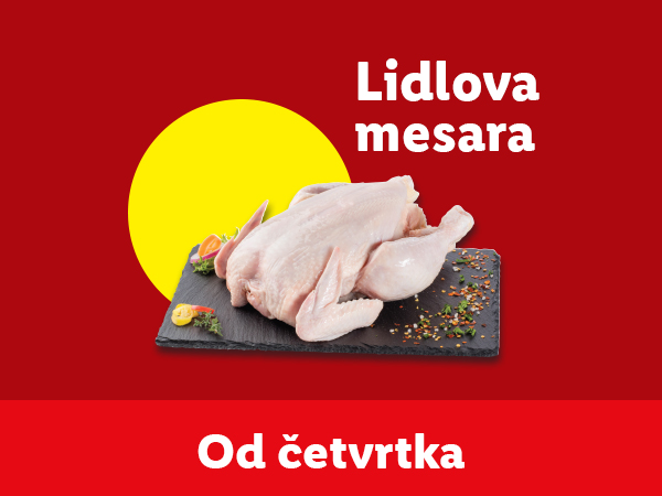 Lidlova mesara: celo pile na crnoj dasci sa začinima, na crvenoj pozadini sa žutim krugom.