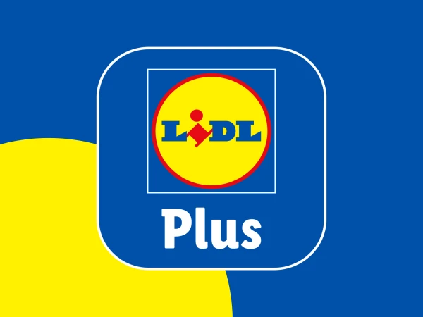 Lidl Plus logo na plavoj pozadini sa žutim detaljima.