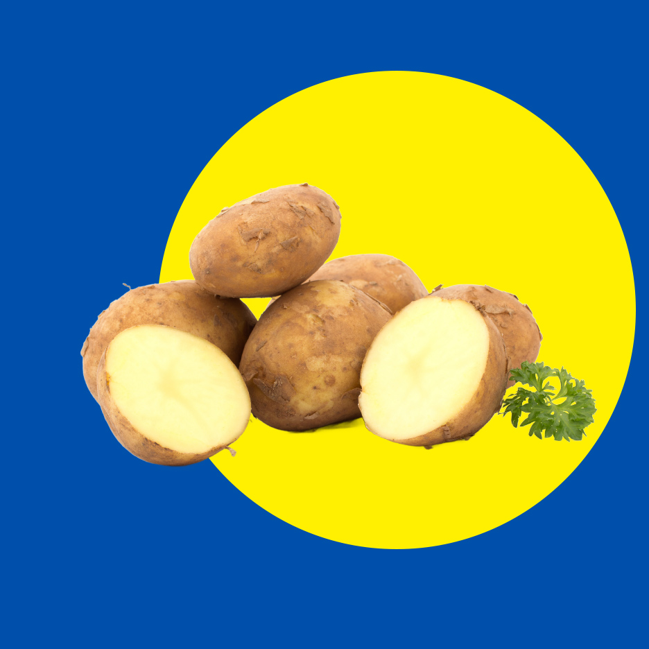 Sveži krompiri, neki prepolovljeni, sa peršunom na žutom krugu i plavoj pozadini.