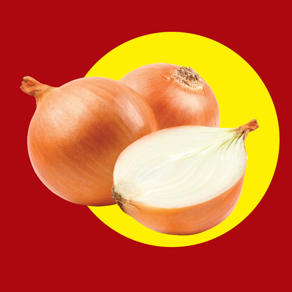 Tri žuta luka, jedan prepolovljen, na crvenoj pozadini sa žutim krugom.