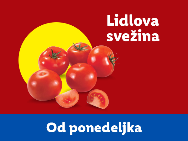Lidlova svežina: crveni paradajz na crvenoj pozadini sa žutim krugom i plavom trakom.